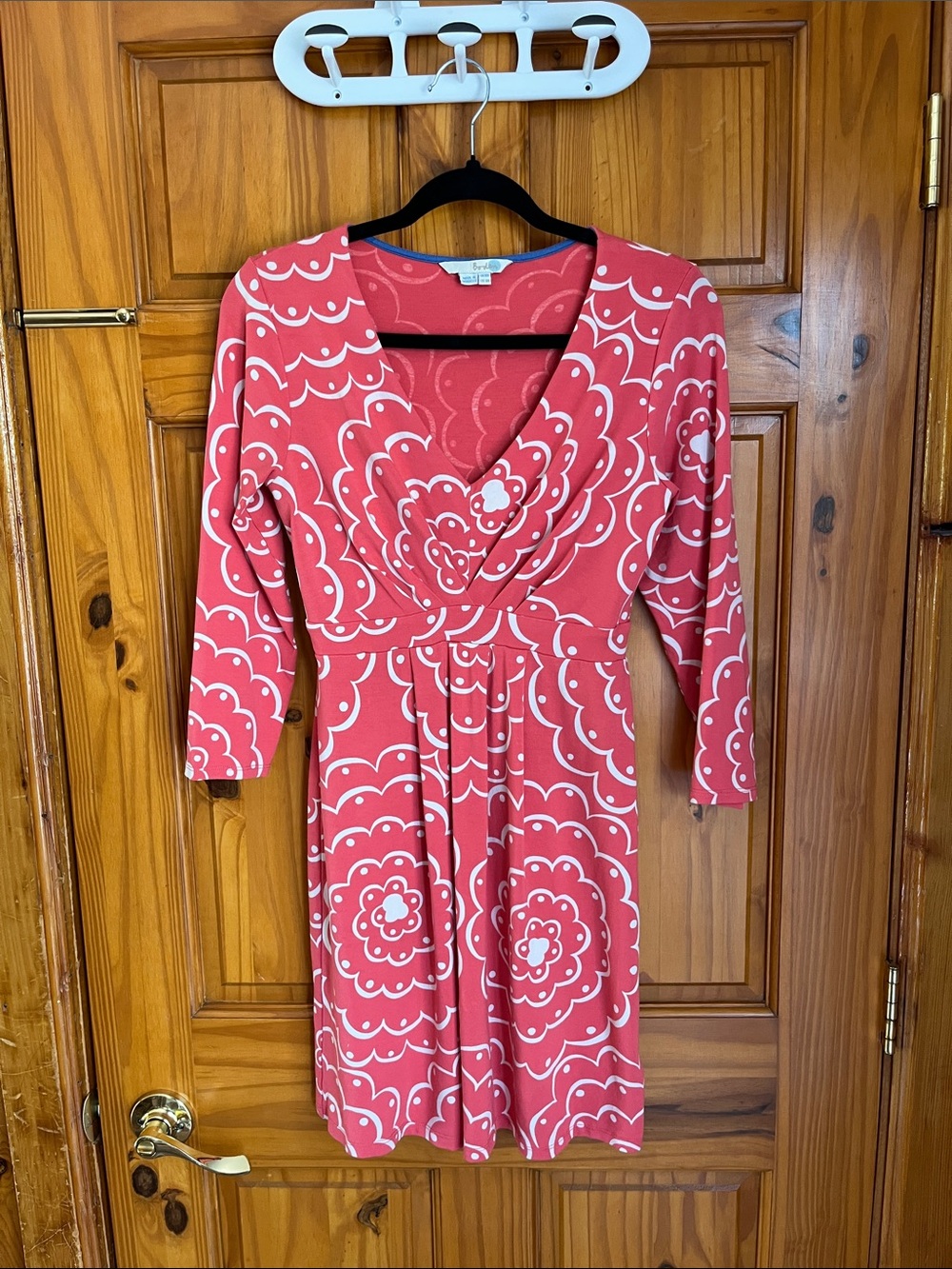 Boden Coral Pink Floral Scoop Neck Top with Blue Trim